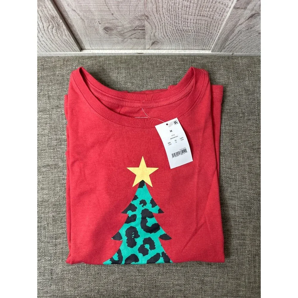 Mighty Fine Leopard Print Christmas Tree Red T Shirt Holiday Womens M - Picture 3 of 6